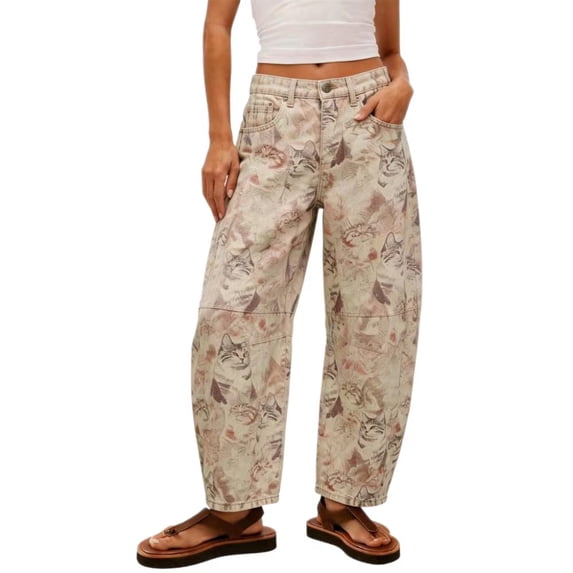 Juesizh Jeans for Women Cute Print Bohemian Jeans Trendy Comfy Button High Waist Denim Pants, S-2XL