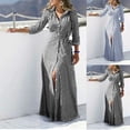 thumbnail image 1 of Juesizh Long Sleeve Dress for Women Elegant V Neck Lapel Maxi Dress Fashion Casual Striped Printed Waist Defining Dress, S-XL, 1 of 4
