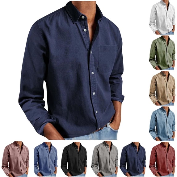 Juesizh Long Sleeve Shirts for Men Plus Size Lapel Button up Shirts Casual Trendy Solid Color Tee Shirts With Pockets, S-4XL