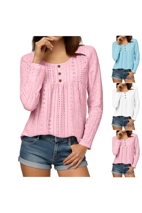 Long Sleeve Shirts for Women Crew Neck Pullover Tops Breathable Comfy Solid Color Pleated Curved Hem Shirts Blouses, S-2XL
