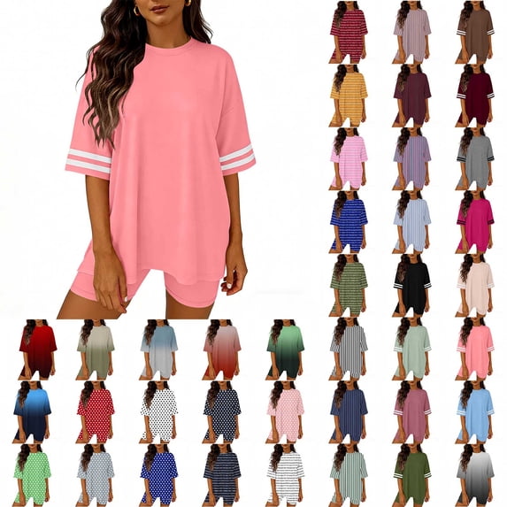 Juesizh Lounge Sets for Women Round Neck Short Outfits Set Fashion Comfy Elastic Waist Pockets 2 Piecce Matching Set, S-2XL