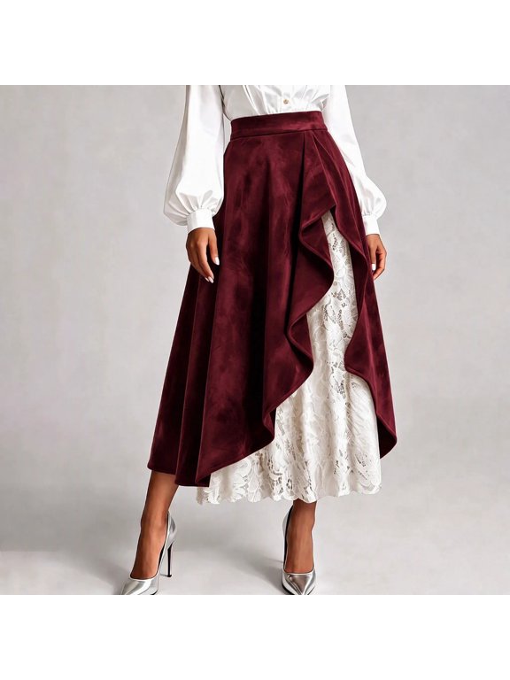 Maxi Skirts for Women Lace Suede Patchwork Fall Vintage Western-Style Flowy Skirt, S-2XL