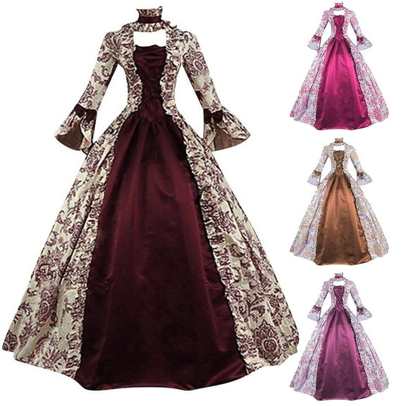 Juesizh Medieval Dress for Women Plus Size Victorian Vintage Dress Flare Sleeve Floor Length Patchwork Princess Ball Dress, S-5XL