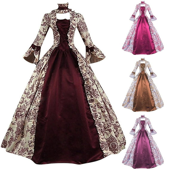 Juesizh Medieval Dress for Women Plus Size Victorian Vintage Dress Flare Sleeve Floor Length Patchwork Princess Ball Dress, S-5XL