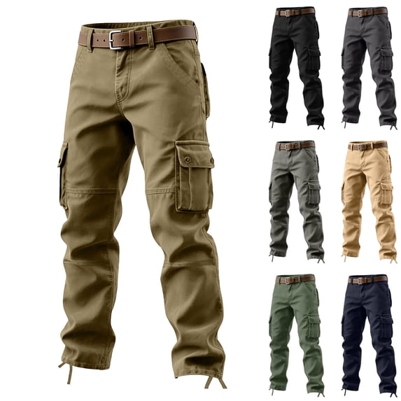 Juesizh Mens Cargo Pants Button Zipper Waist Staight Leg Cargo Pants Outdoor Casual Loose Solid Color Multi Pockets Workout Pants