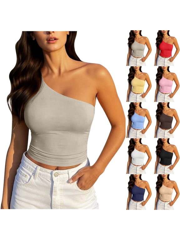 One Shoulder Tops for Women Solid Color Tube Tops Fashion Slim Asymmetrical Going Out Off Shoulder Tops, S-2XL