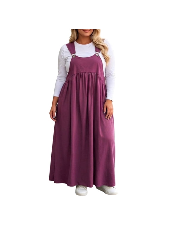Overall Dress for Women Plus Size Sleeveless Maxi Dress Trendy Loose Solid Color Pinafore Dress, S-5XL