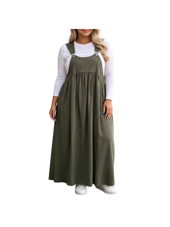 Overall Dress for Women Plus Size Sleeveless Maxi Dress Trendy Loose Solid Color Pinafore Dress, S-5XL