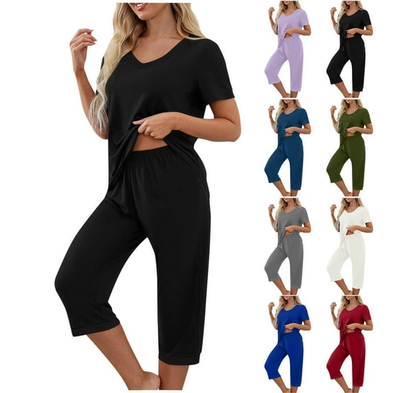 Juesizh Pajamas for Women Set V Neck Tee Tops Capri Pants Sleepwear Casual Loose Solid Color Summer Pajama Set, S-2XL