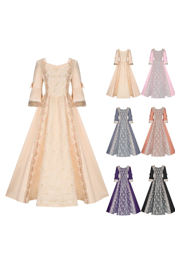 Renaissance Costume Women Plus Size 3/4 Sleeve Maxi Dress Vintage elegant Solid Color Waist Defining Court Evening Dress, S-5XL