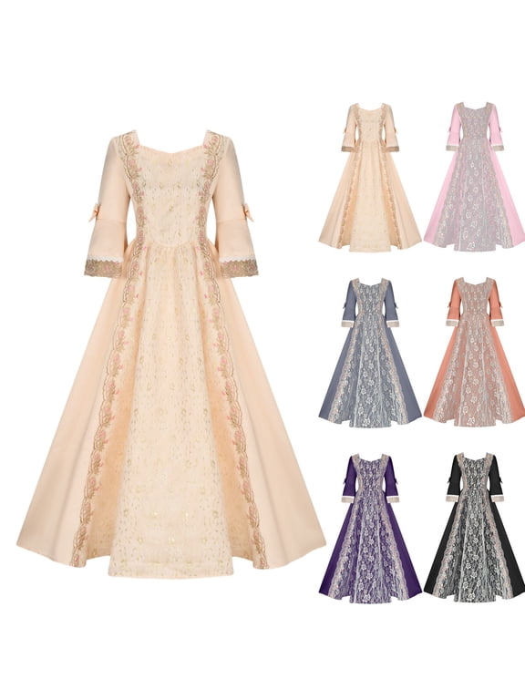 Renaissance Costume Women Plus Size 3/4 Sleeve Maxi Dress Vintage elegant Solid Color Waist Defining Court Evening Dress, S-5XL