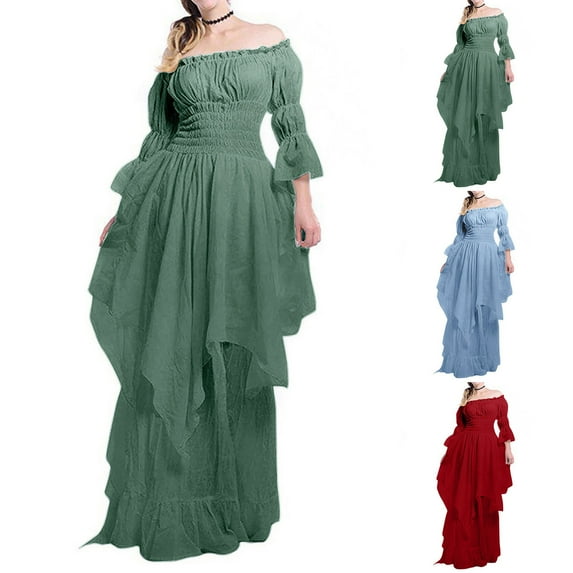 Juesizh Renaissance Costume Women Plus Size Off The Shoulder Long Sleeve Maxi Dress Floor Vintage Solid Color Medieval Dress, Gifts for Women, S-5XL