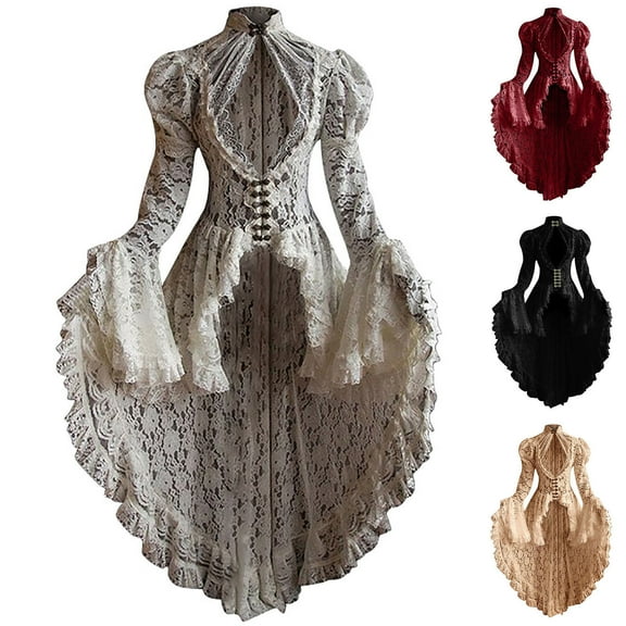 Juesizh Renaissance Costume for Women Plus Size Stand up Collar Flared Sleeve Dresses Medieval Slim Halloween Patchwork Vintage Court Dress, 3XL-5XL