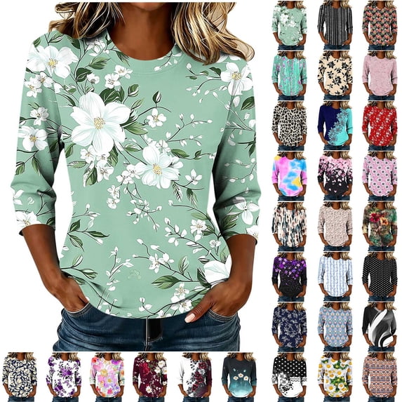 Juesizh T Shirts for Women Plus Size Crew Neck Shirts Trendy Loose Print 3/4 Sleeve Pullover Tee Shirts, S-5XL