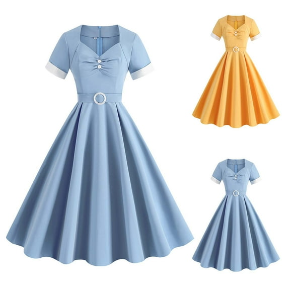 Juesizh Vintage Dress for Women V Neck Short Sleeve High Waist Big Puffle Midi Dress Fashion elegant Solid Color Waist Defining Tea Party Dress, S-2XL