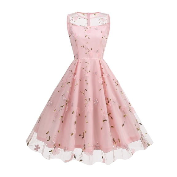 Juesizh Vintage Dresses for Women Embroidery Sleeveeless Big Puffy Midi Dress Fashion Cute Floral Printed Patchwork Designed Tea Party Dress, S-2XL