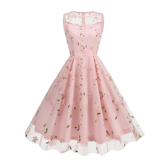 Juesizh Vintage Dresses for Women Embroidery Sleeveeless Big Puffy Midi Dress Fashion Cute Floral Printed Patchwork Designed Tea Party Dress, S-2XL