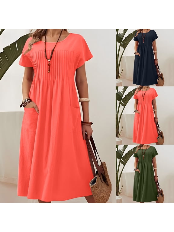 Women Cotton Linen Dress Plus Size Crew Neck Pleated Short Sleeved Midi Dress Casual Loose Solid Color Pockets Waist Defining Summer Linen Dress, S-5XL