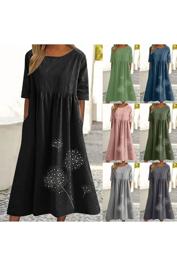Women Cotton Linen Dress Plus Size Crew Neck Short Sleeve Maxi Dress Casual Loose Floral Printed Pockets Summer Linen Dress, S-5XL