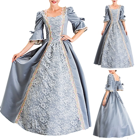 Juesizh Womens Renaissance Costume Square Collar Half Sleeve Dresses Medieval Halloween Patchwork Big Puffle Vintage Court Dress, S-L