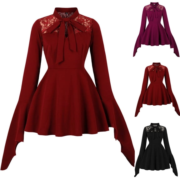 Juesizh Womens Vintage Dress Bow Neckline Dolman Long Sleeve Mini Dress Fashion elegant Lace Patchwork Waist Defining Hepburn Dress, S-2XL