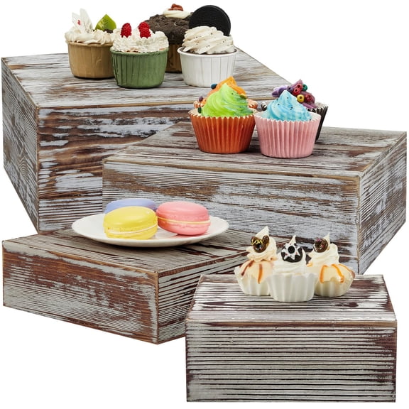 Juexica Set of 4 Large Wood Display Risers Rustic Cupcake Stand Size 11.8",10",7.8",6.3", Wooden Stackable Display Box Wood Cake Stand for Dessert Wedding Birthday Christmas Party(Classic) Y101