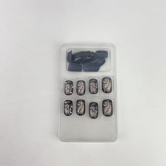 Jufenglin False nails,Black Curve Line Press on Nails with Dark Vine Design, Glossy Black Ins Medium Square False Nails Gel Glue on Nails, Rhinestones Manicure Art Acrylic Fake Nails Stick on Nails f