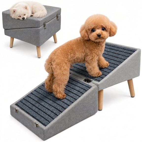 Jugbow 3-in-1 Dog Ramp for Bed & Sofa, 13" H x 15.75" W Foldable Dog Stairs and Ottoman Non-Slip Gentle Incline Pet Ramp Joint Support Design for Puppy Senior Injured Pets Grey