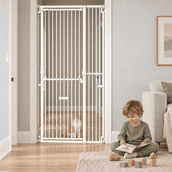 Jugbow Extra Tall Pet Gate, 51.18-86.6 in Height, Pressure Mounted Pet Gate with Extension Panel, Fits 30.31-40.94 in Wide, Cat Dog Children Stairs Doorway Hallway No Drilling