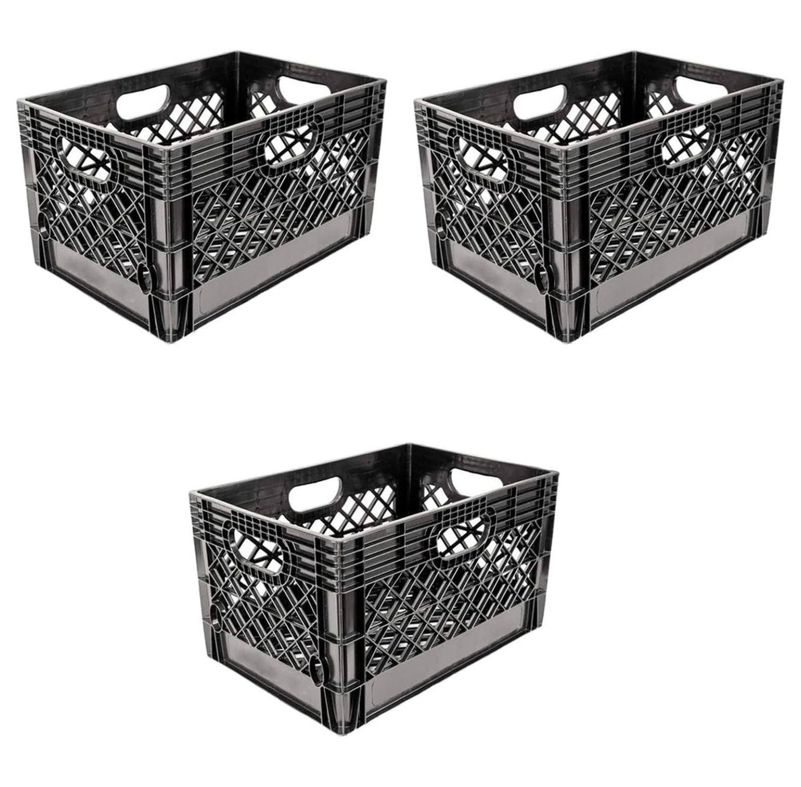 Heavy Duty Black Stackable Storage Crate with Handles, 3 Pack