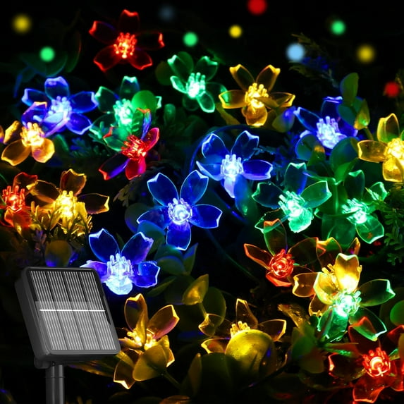 Solar Sakura Flower String Lights Outdoor 50 LED, Juhefa Christmas Waterproof Fairy Light Decorations, Suit for Xmas Tree, Patio, Garden, Fence, Bush (Multicolor)