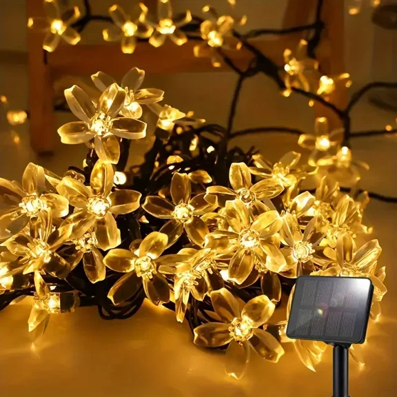 Christmas Solar Sakura String Lights 50 LED, Juhefa Waterproof Fairy Flower Light for Outside, Suit for Xmas Tree, Patio, Garden, Fence, Bush Decorations (Warm White)