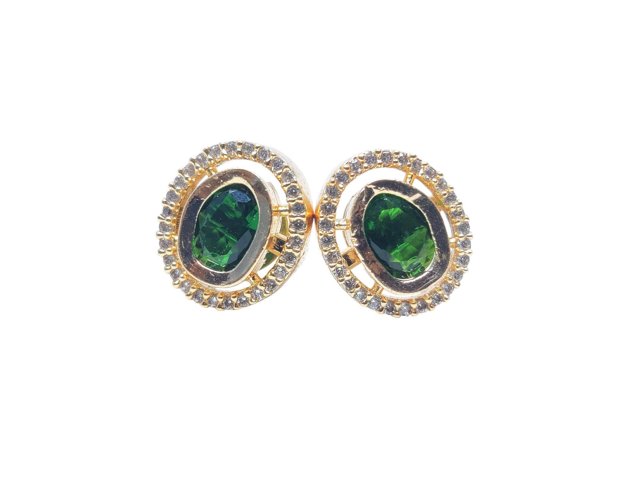 Juhi Jewels Gold Tone Brass Stud Earrings for Women – Green Crystal Gem with Clear Crystal Halo, Anti-Tarnish Fashion Jewelry
