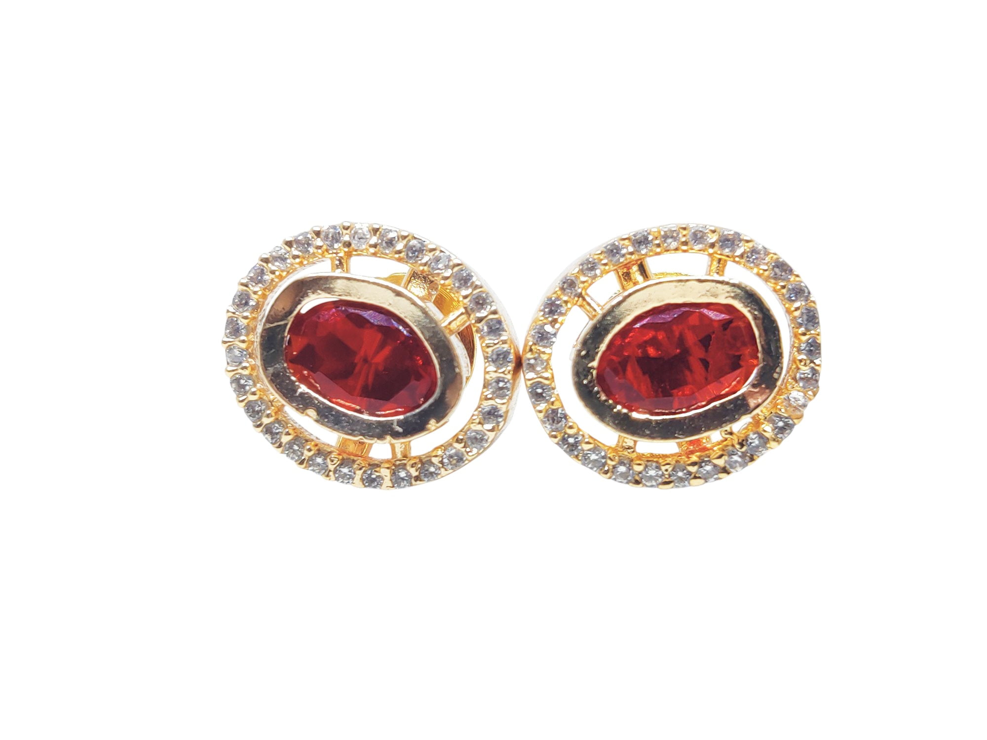 Juhi Jewels Gold Tone Brass Stud Earrings for Women – Red Crystal Gem with Clear Crystal Halo, Anti-Tarnish Fashion Jewelry