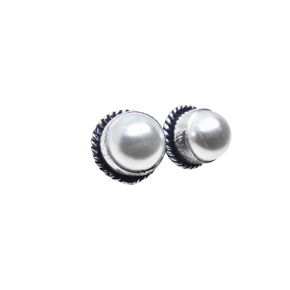 Juhi Jewels Silver Plated Brass Stud Earrings for Women Chinese Pearl Center, Antique Rope Design, Anti-Tarnish Fashion Jewelry