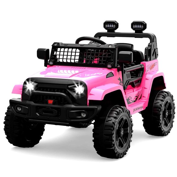 Sakiyr 12V Ride on Truck, Kids Electric Vehicles with Remote Control, Spring Suspension, LED Lights, Bluetooth, 2 Speeds - Pink