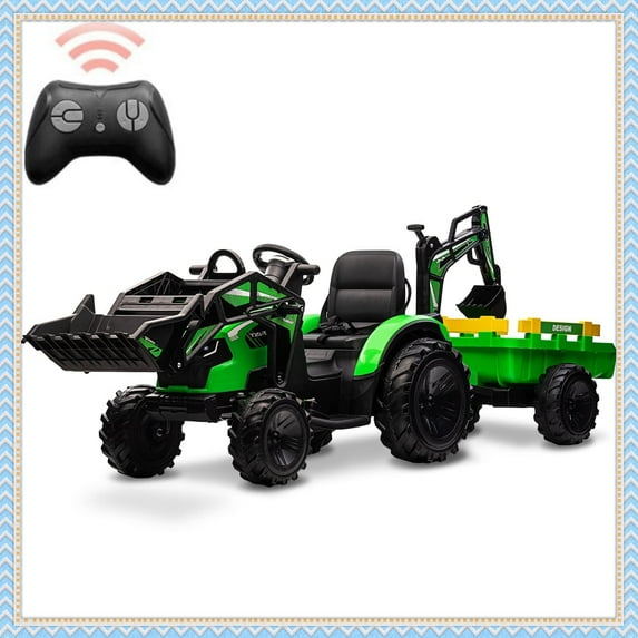 Sakiyr 3-in-1 24V Kids Ride-On Tractor with Remote Control, Excavator, Trailer, EVA Tires & LED Lights, Powered Ride On Excavator & Trailer for Kids Gifts, Green