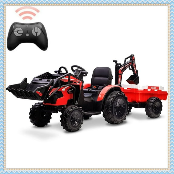 Sakiyr 3-in-1 24V Kids Ride-On Tractor with Remote Control, Excavator, Trailer, EVA Tires & LED Lights, Powered Ride On Excavator & Trailer for Kids Gifts, Red