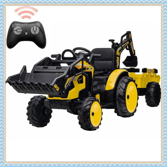 Sakiyr 3-in-1 24V Kids Ride-On Tractor with Remote Control, Excavator, Trailer, EVA Tires & LED Lights, Powered Ride On Excavator & Trailer for Kids Gifts, Yellow