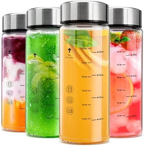 Juice Bottles 4 Pack 16 oz，Reusable Glass Bottles with Lids，Stainless Steel Lids Water Bottle for Juicing, Smoothies, Water, Leakproof, BPA Free