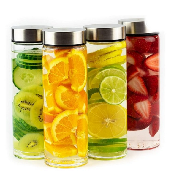 Juice Bottles - 4 Pack Wide Mouth Glass Bottles with Lids - for Juicing, Smoothies, Infuse Water, Beverage Storage - 16oz, Stainless Steel Lids, Leakproof, Reusable, Borosilicate