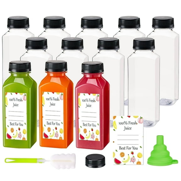 Xueyu Juice Bottles, 12Pcs 12OZ Plastic Juice Bottles with Caps Airtight Reusable Clear Empty Water Containers Includes Label Funnel Brush for Juicing Drinking Beverage Smoothies Fridge