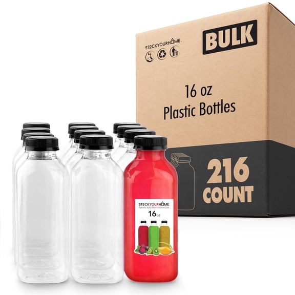 Juice Bottles with Caps 16 Ounce Reusable Clear Plastic Containers for Mini Fridge Juicer Shots Small Water Bottles Bulk 216 Pack