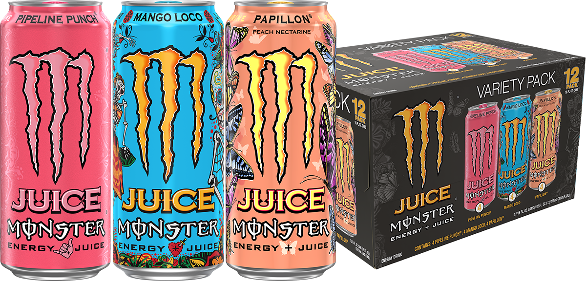 Juice Monster Energy, VP, Mango Loco, Energy + Juice, 16 fl oz + Juice Monster Pipeline Punch, Energy + Juice, 16 fl oz + Juice Monster, Papillon, Juice + Energy Drink, 16 fl oz. - image 1 of 6