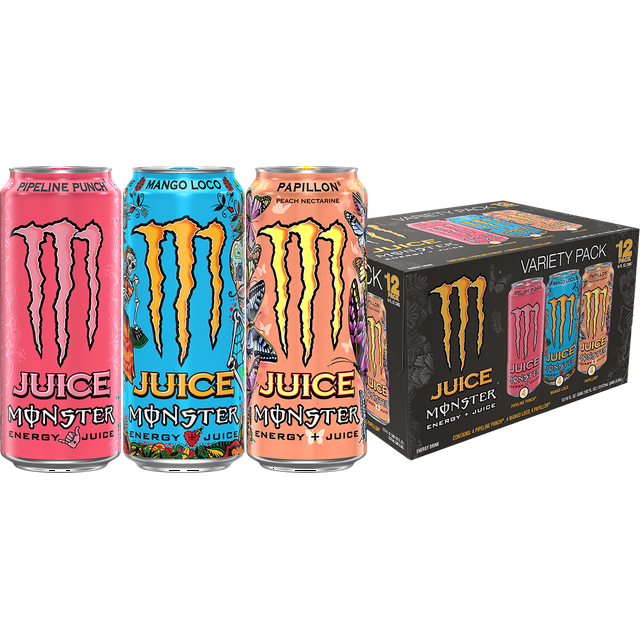 Juice Monster Energy, VP, Mango Loco, Energy + Juice, 16 fl oz + Juice Monster Pipeline Punch, Energy + Juice, 16 fl oz + Juice Monster, Papillon, Juice + Energy Drink, 16 fl oz.