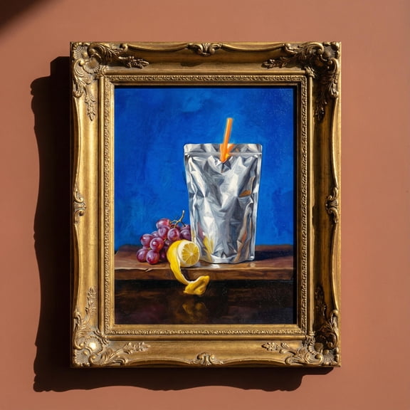 Juice Pouch & Fruit Print Ironic Still Life Modern Food Art For Dining Room Home Decor Office Wall Art