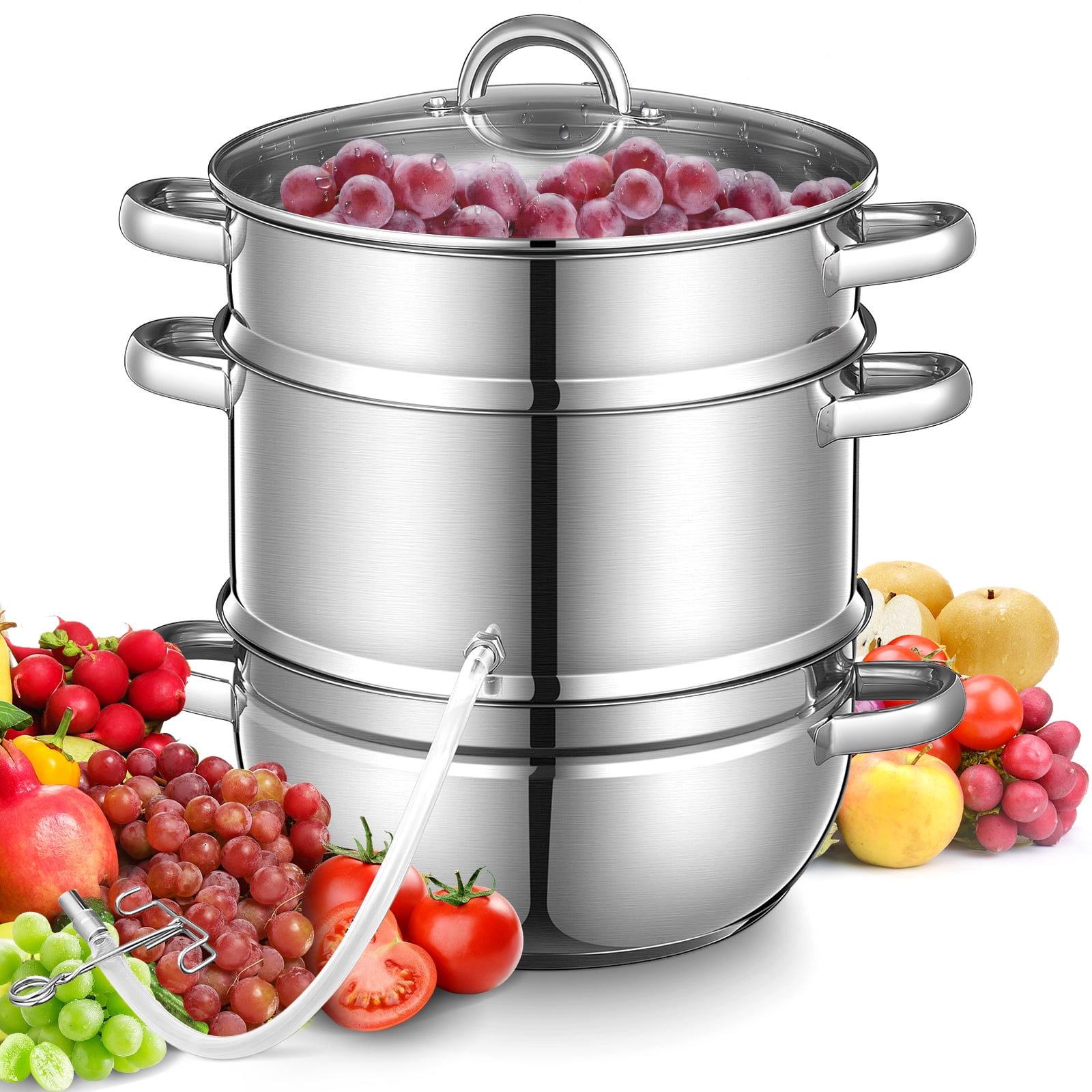 FOHERE 11Qt Steam Juicer Extractor for Canning with Glass Lid, Hose, Clamp for Juice, Jams Silver