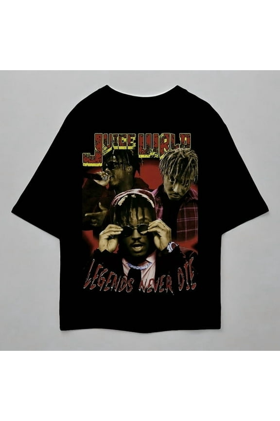 Juice WRLD Vintage Tribute T-Shirt, Legends Never Die Graphic Tee Featuring Iconic Artist Portraits,Black Color,Size XL