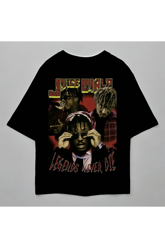 Juice WRLD Vintage Tribute T-Shirt, Legends Never Die Graphic Tee Featuring Iconic Artist Portraits, Unisex Tee,Black color,size L
