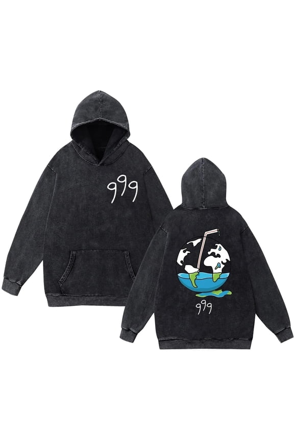 Juice Wrld Hip-Hop Merch Unisex Oversized Cotton Fleece Hoodie - Washed Vintage Rapper Graphic Print Kangaroo Pocket Long Sleeve Casual Streetwear